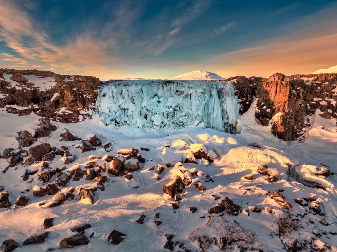 Öxarárfoss Waterfall in the winter at Þingvellir