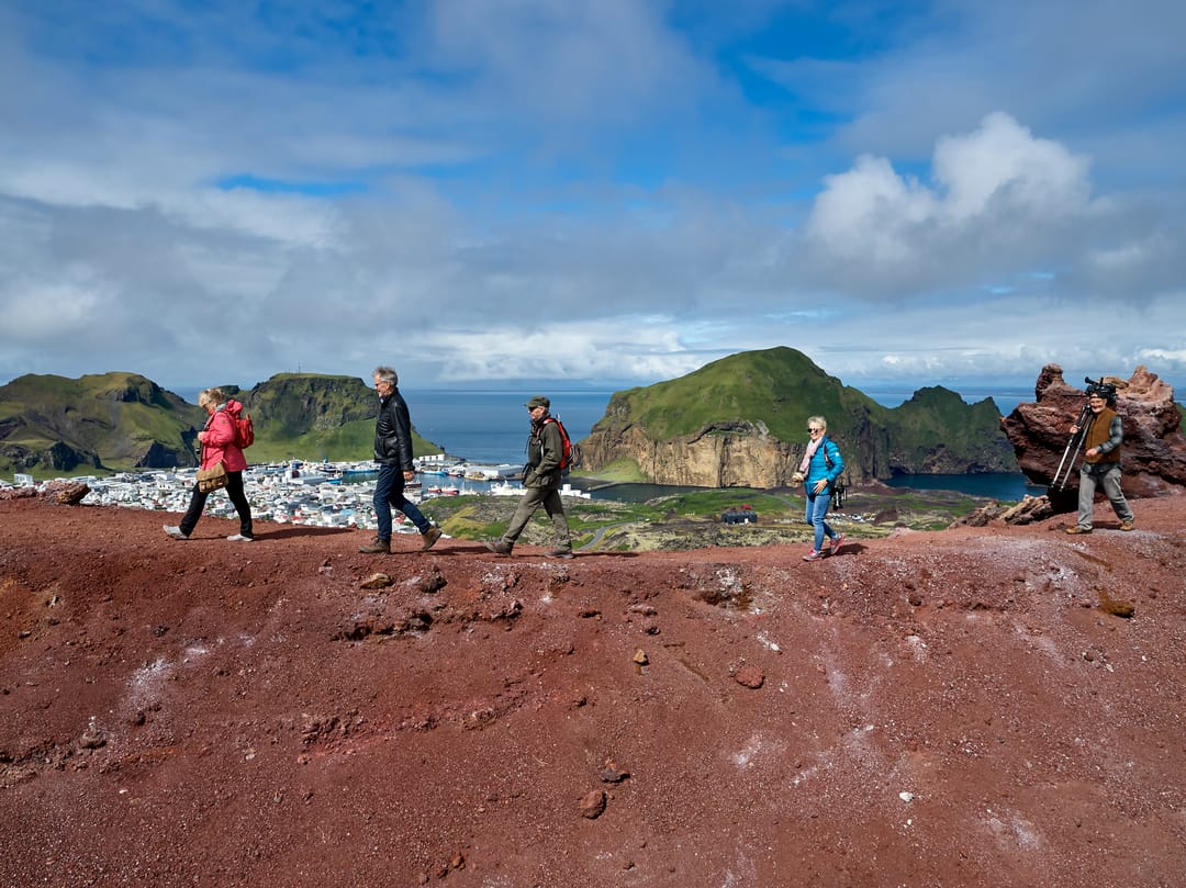 People hiking Eldfell