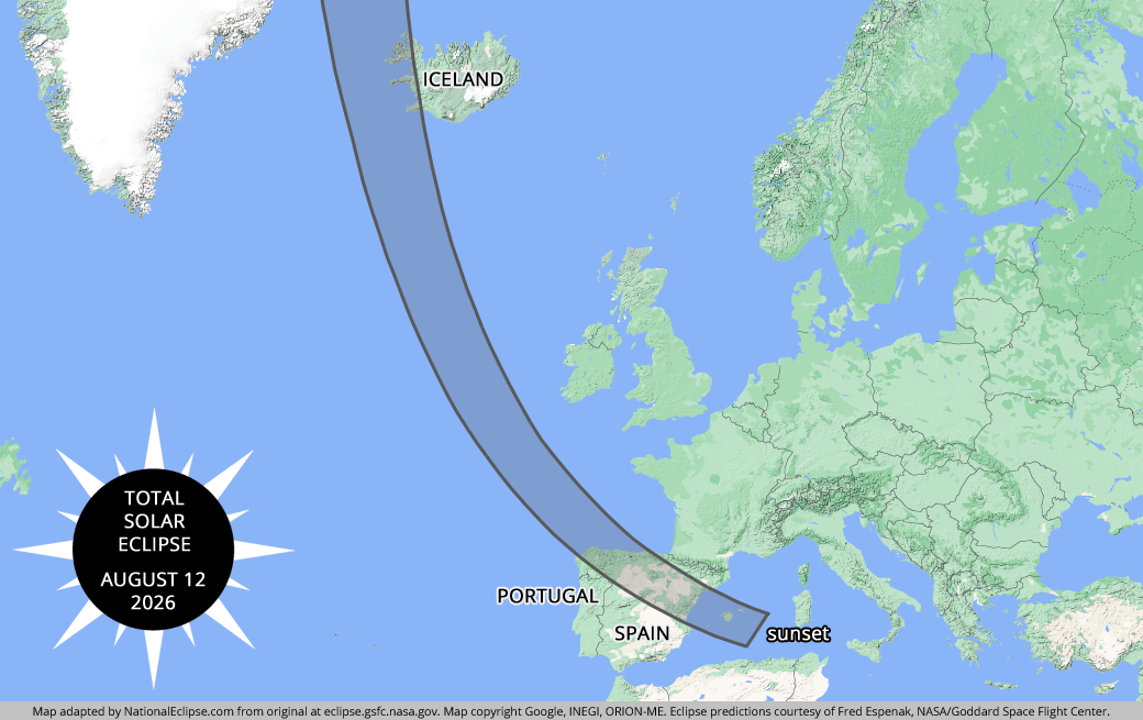 Map of the total eclipse over Greenland, Iceland, Portugal and Spain