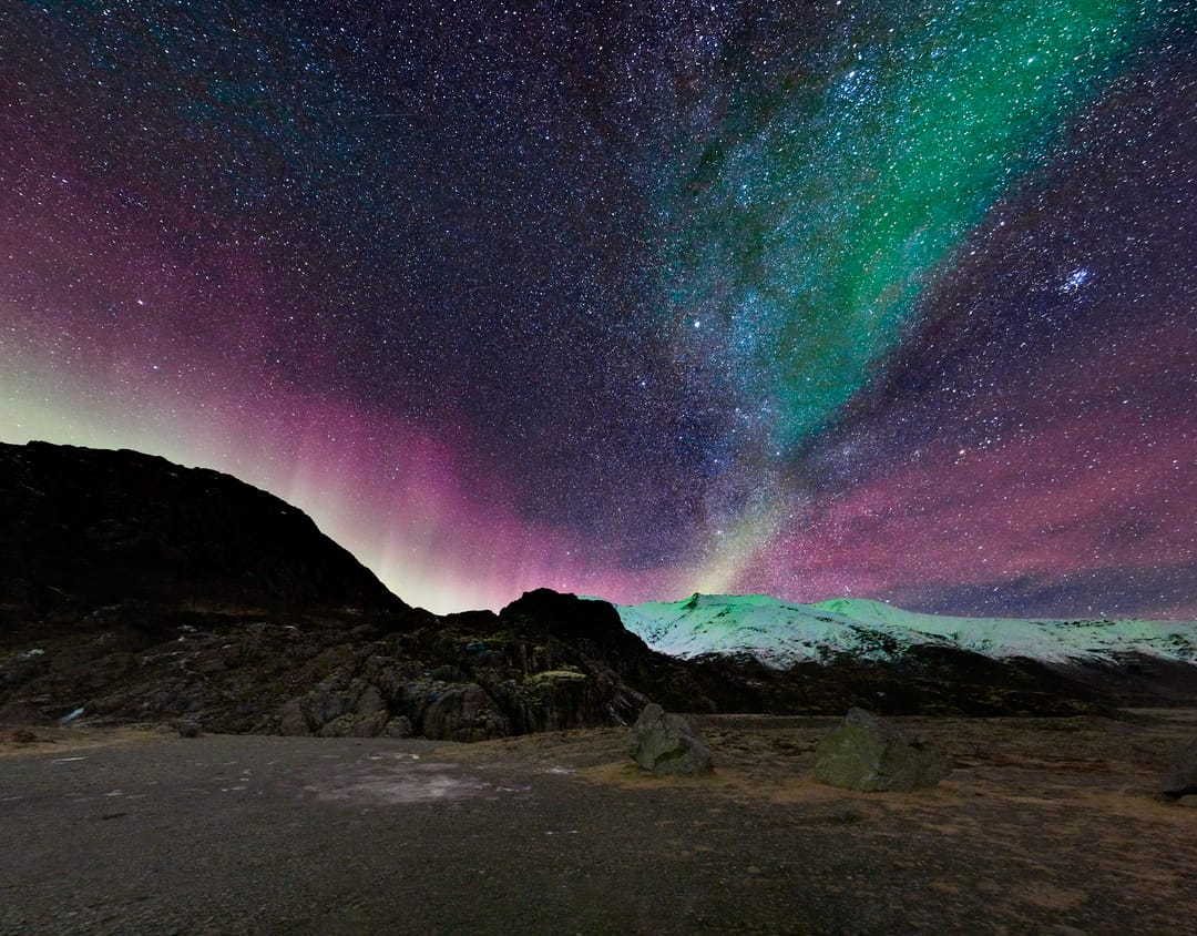 northern lights dancing above Hoffellsjökull Glacier