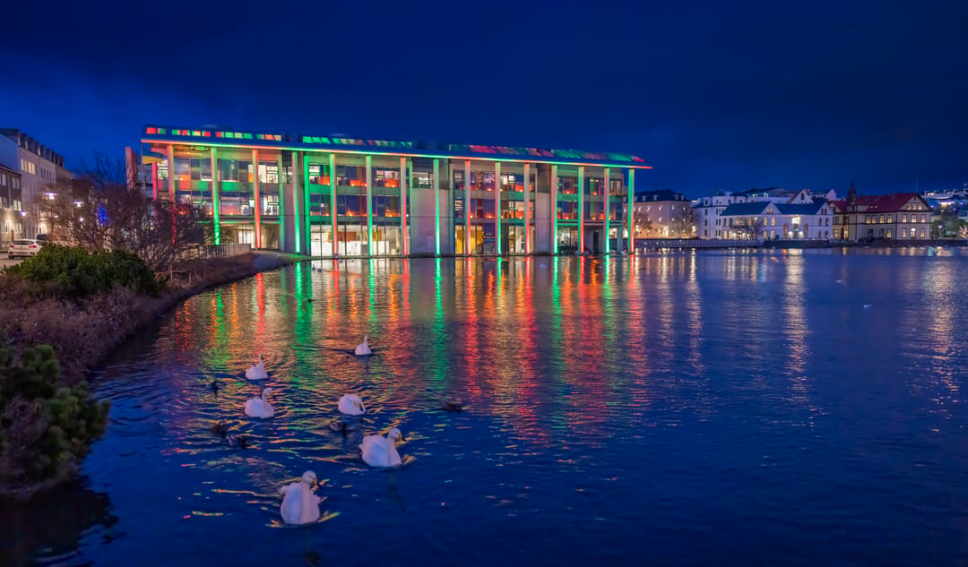 The pond- Tjörnin in Reykjavik at night in winter