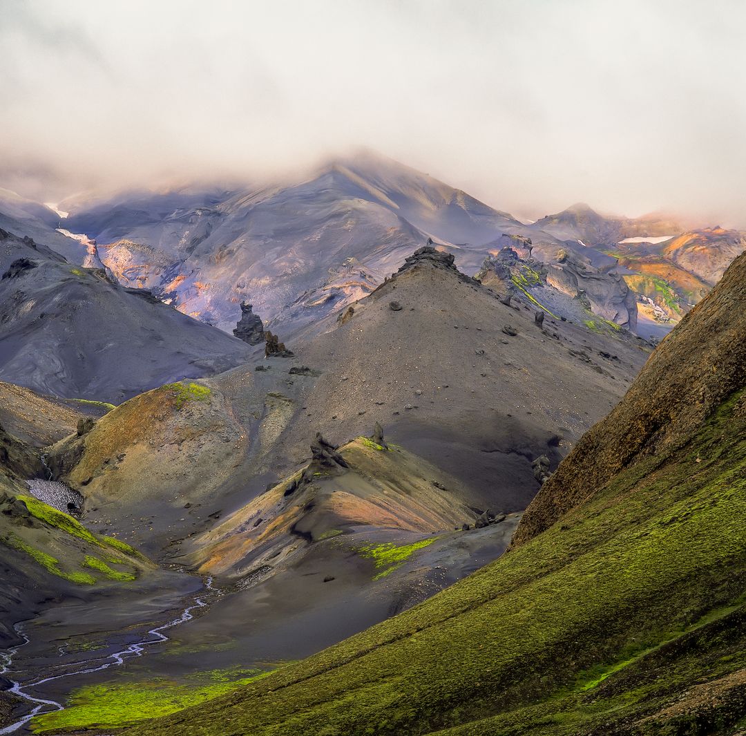 Torfajökull and surrounding mountains during the summer