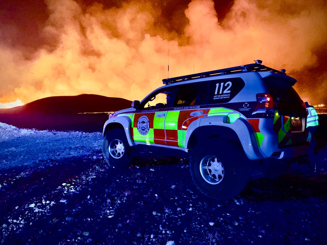 police car near the volcano eruption in reykjanes
