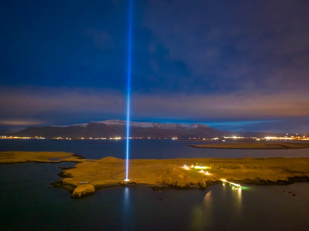 The imagine peace tower in Viðey in December