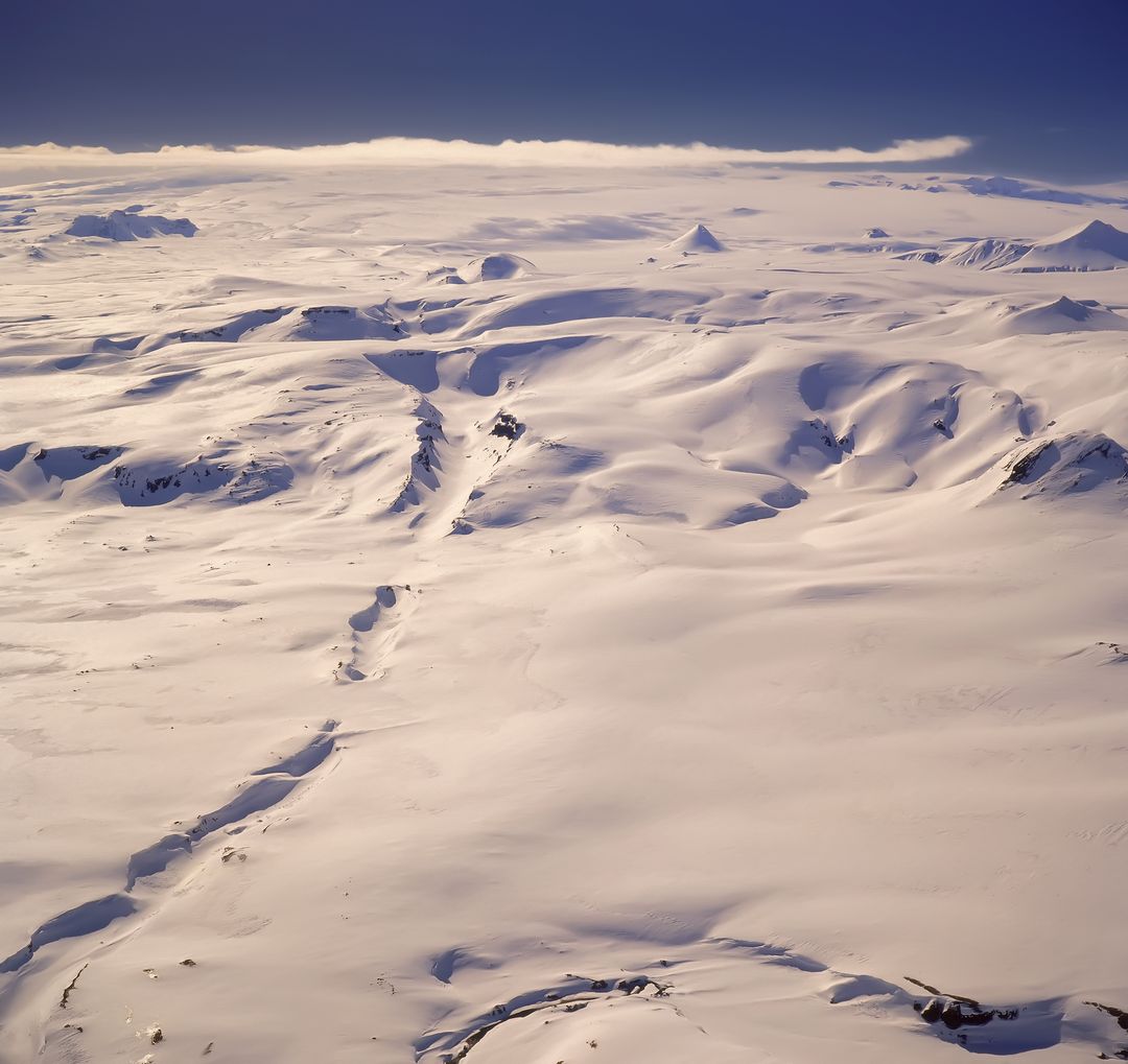 Aerial view of Eldjá covered in Snow