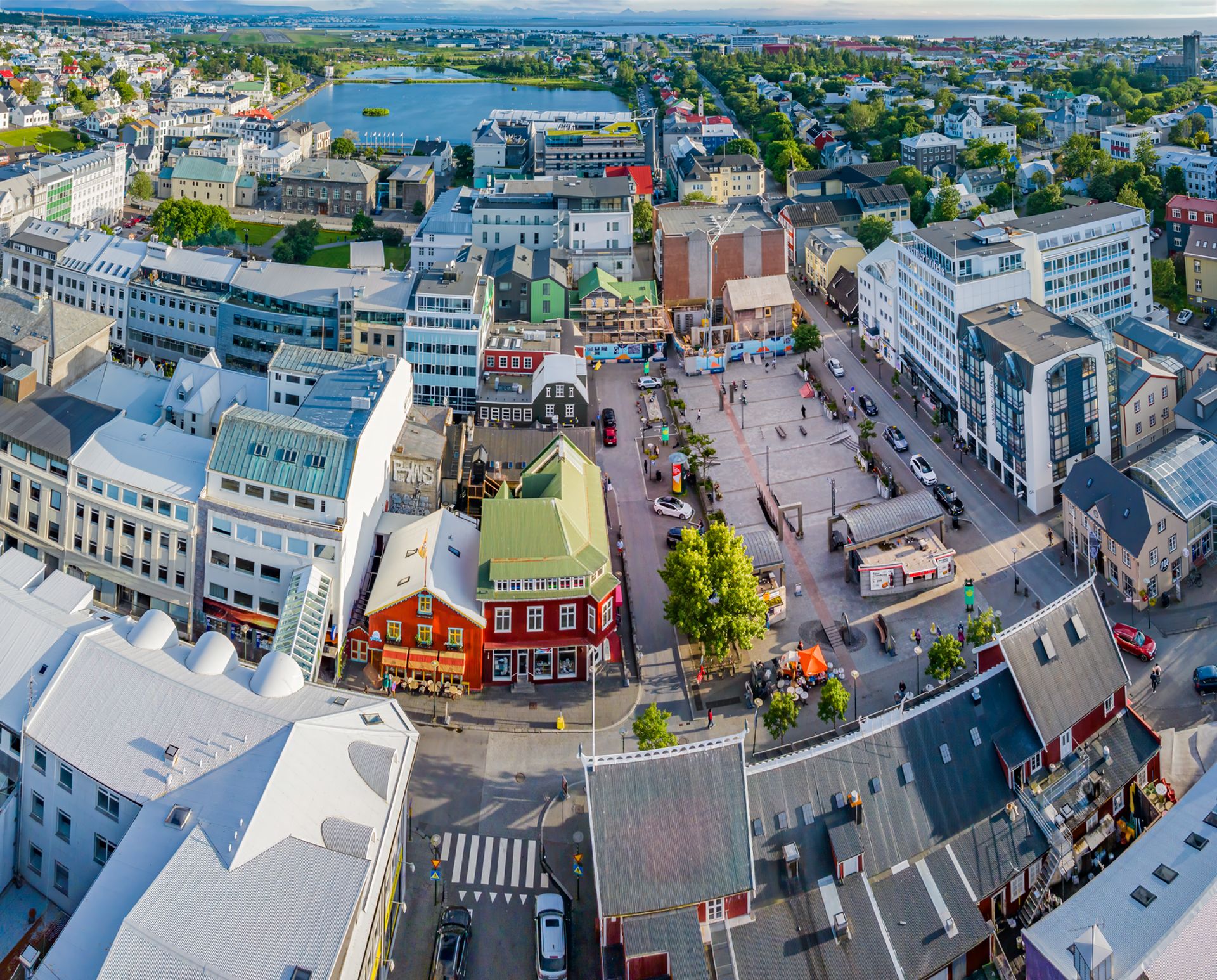 Aerial view of downtown reykjavík with older houses