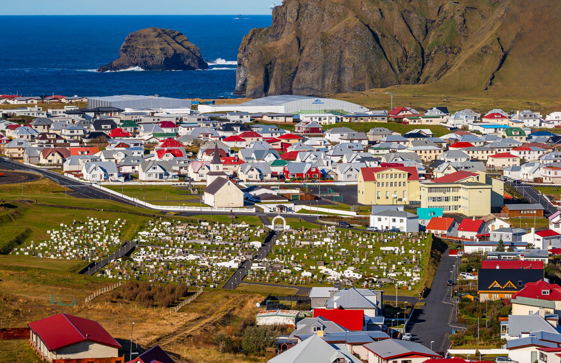aerial view of westman island in iceland with elephant rock in the background