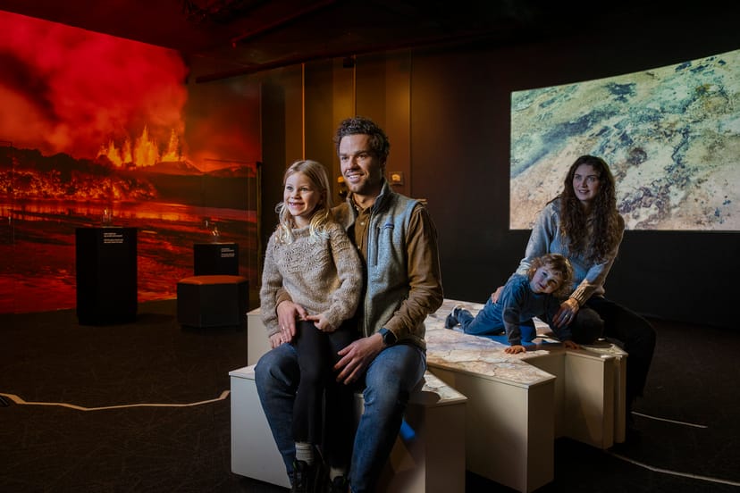 Family experiencing the volcano exhibit
