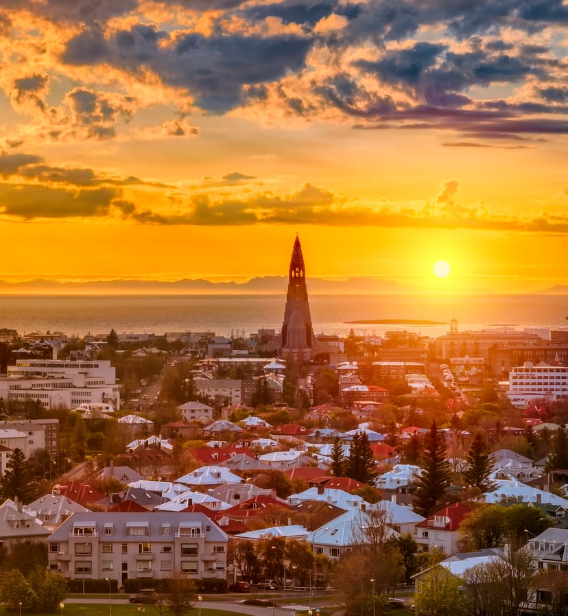 reykjavik in the midnight sun with hallgrimskirkja sticking out