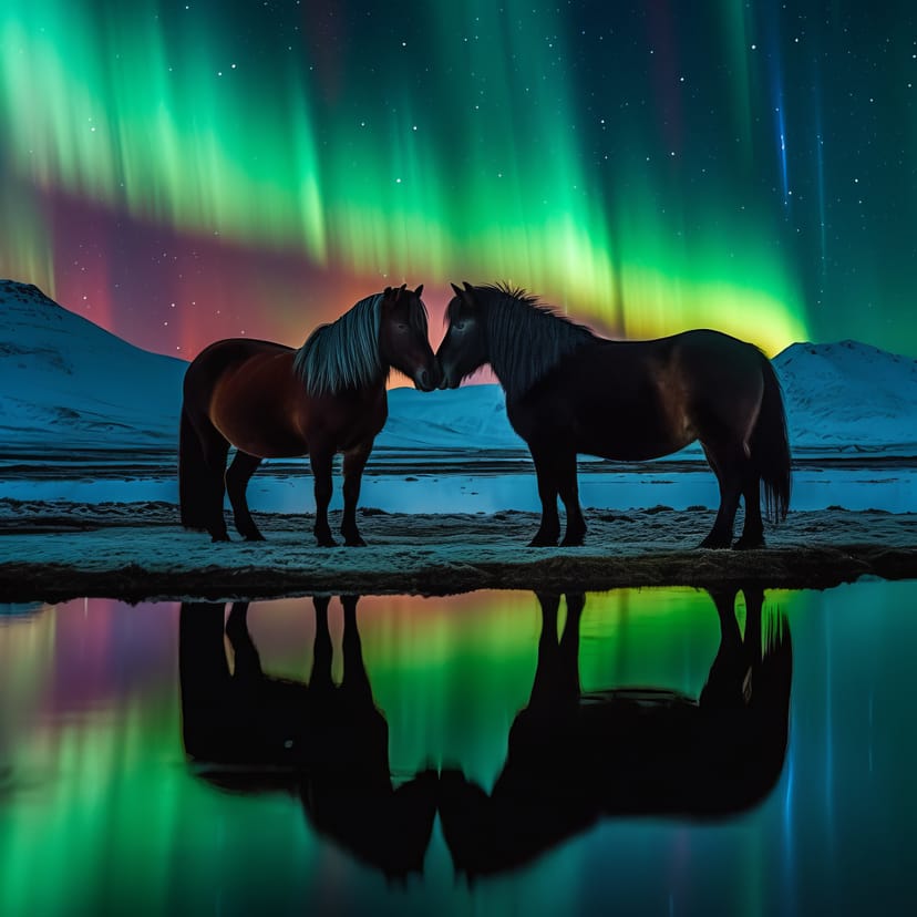 Icelandic horses and northern lights in Iceland